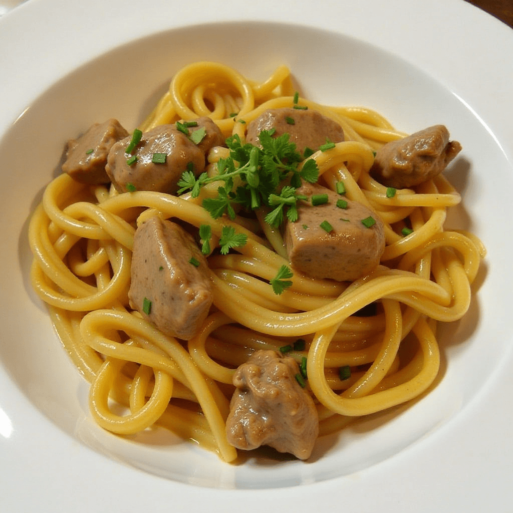 A hearty serving of beef stroganoff with tender beef slices, creamy mushroom sauce, and egg noodles, garnished with fresh parsley.