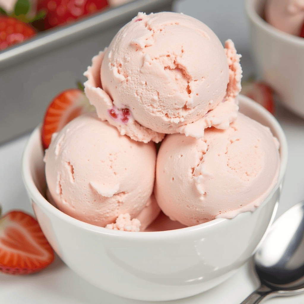 A bowl of strawberry cheesecake ice cream garnished with fresh strawberries and graham cracker crumbs, served on a wooden table.