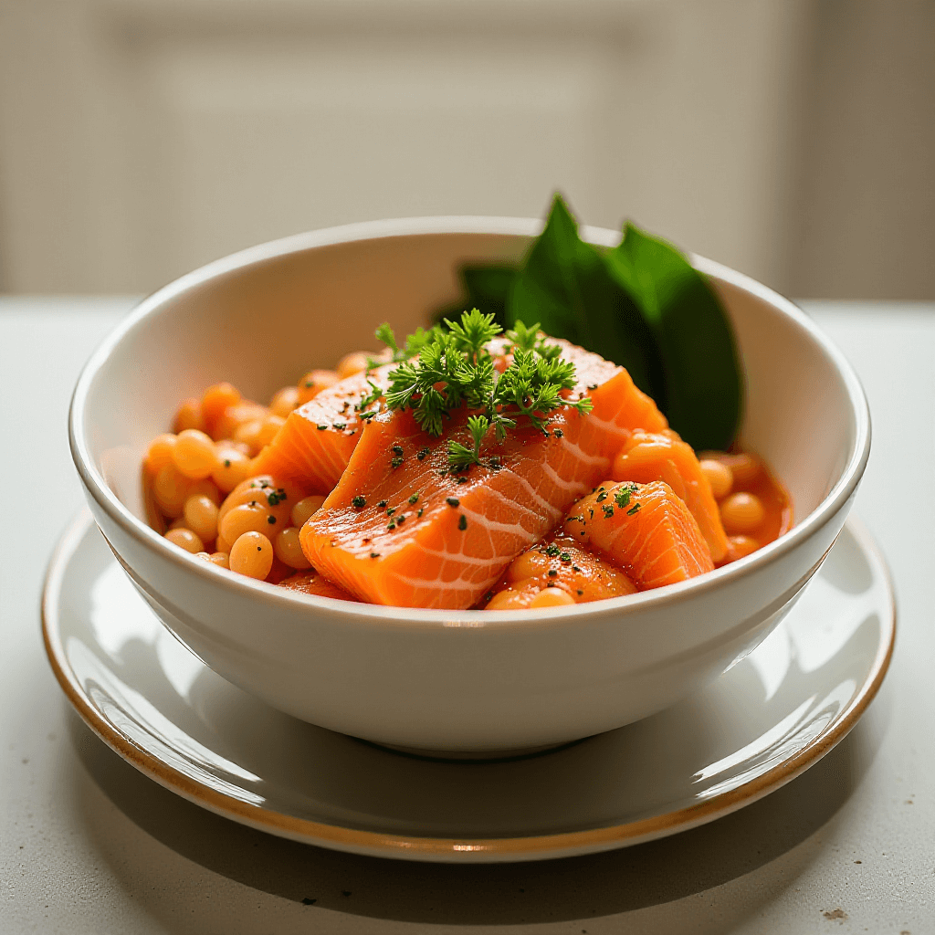 A vibrant salmon bowl featuring grilled salmon, avocado slices, quinoa, cucumbers, carrots, and sesame seeds, drizzled with teriyaki sauce.