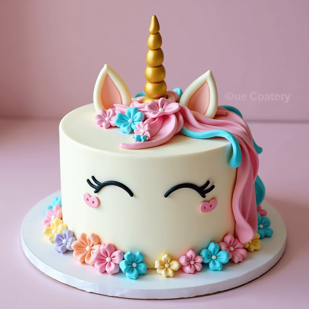 Whimsical unicorn cake decorated with pastel buttercream swirls, an edible golden horn, and sparkling sprinkles.