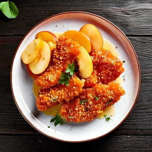 Apple and honey-glazed chicken tenders served with coleslaw and fries on a plate.