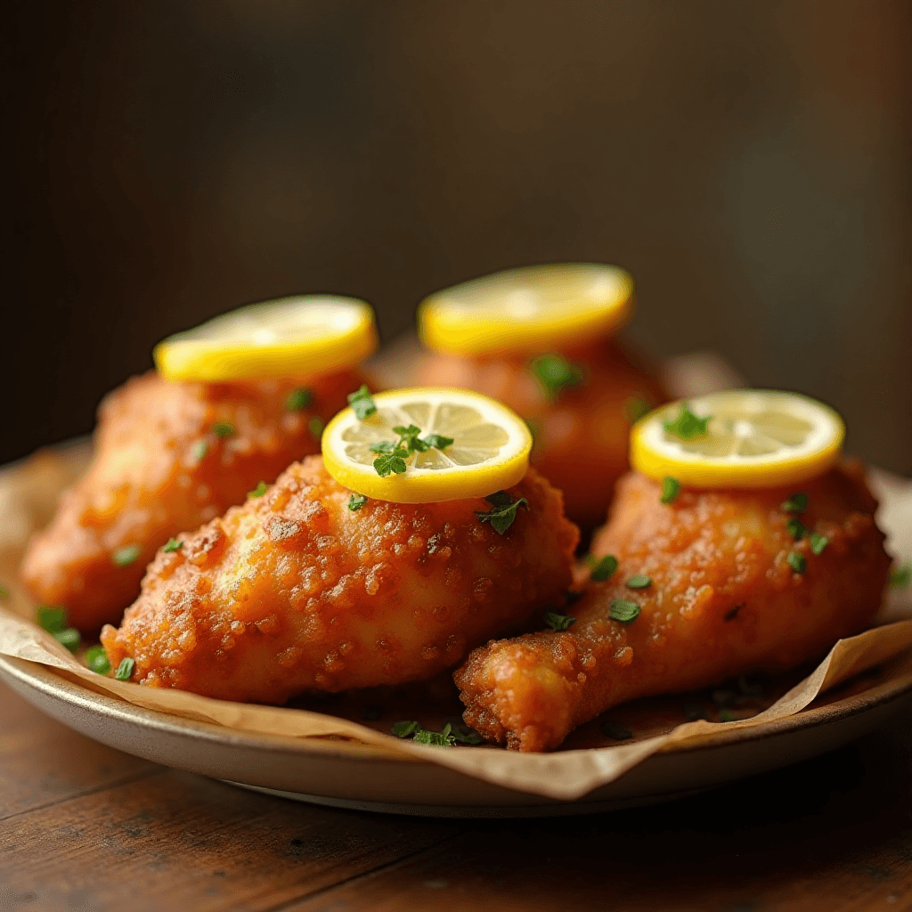Golden, crispy chicken legs on a plate, garnished with herbs and served with a side of vegetables.