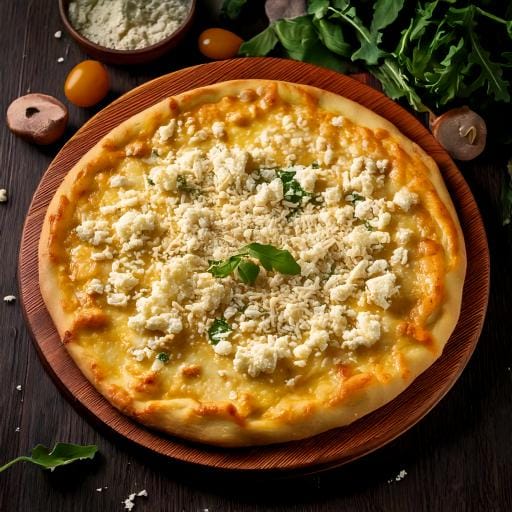 "Golden, crispy homemade low-carb pizza with a cottage cheese crust, topped with fresh vegetables and melted cheese."