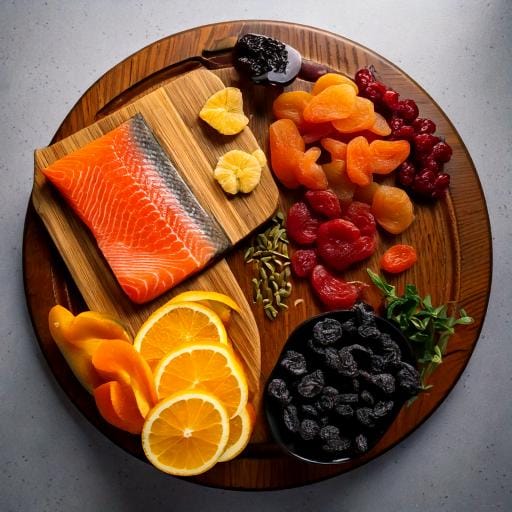 A variety of dried fruits, including apricots, raisins, cranberries, and figs, paired with different fish like salmon, tuna, cod, and swordfish to create flavorful and healthy meals.
