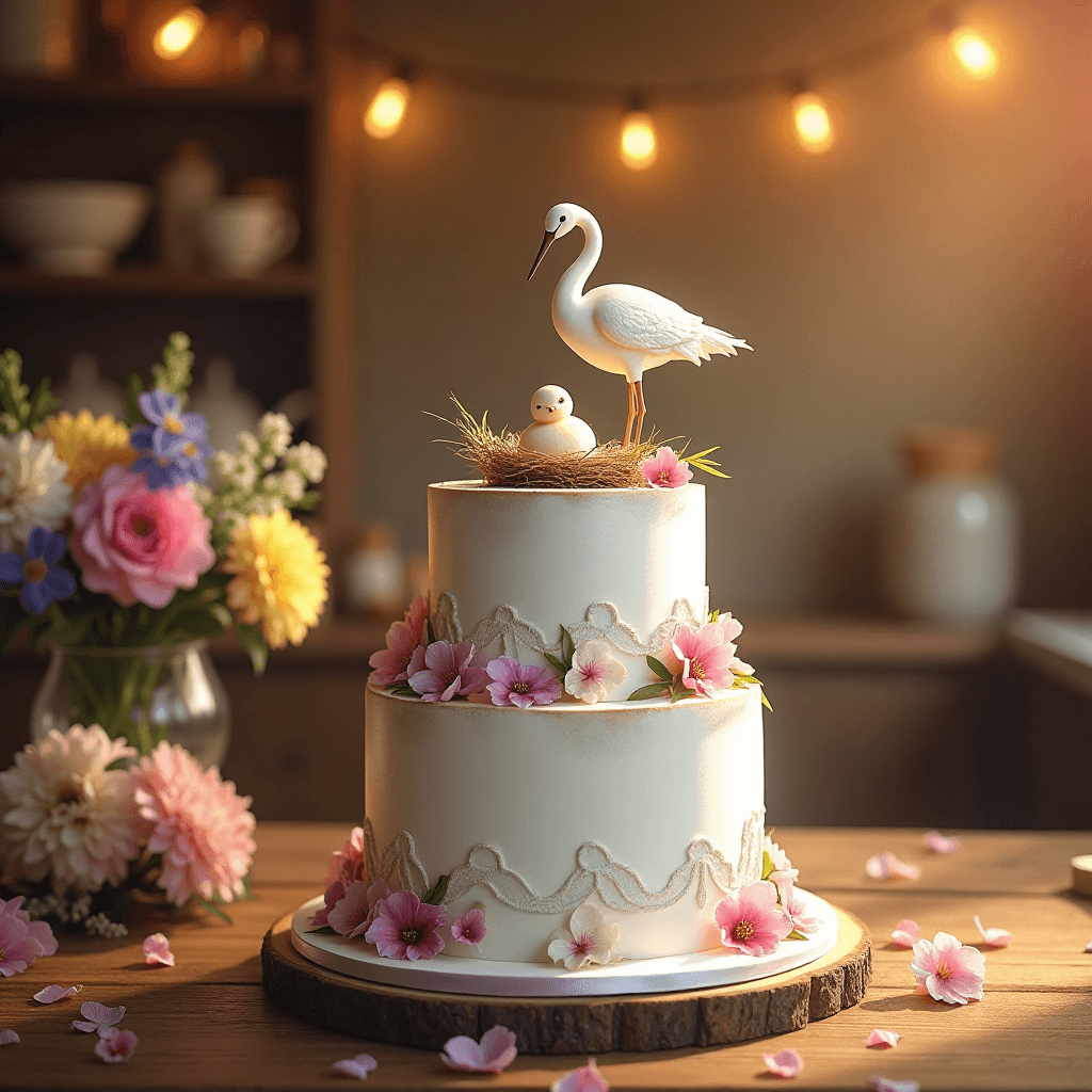 A beautifully decorated gender reveal cake with pastel frosting, pink and blue sprinkles, and a hidden center filled with colorful candies.