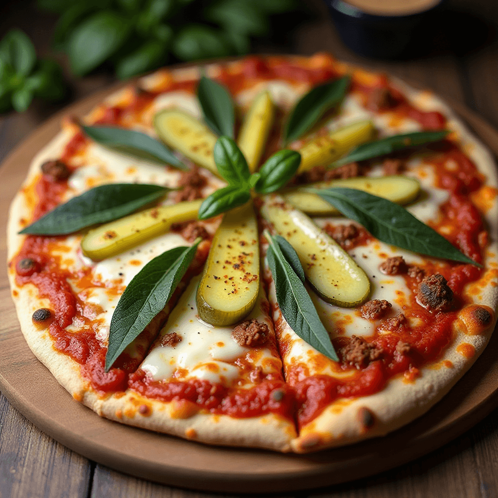 Pickle pie pizza with dill pickles, mozzarella cheese, and savory crust.