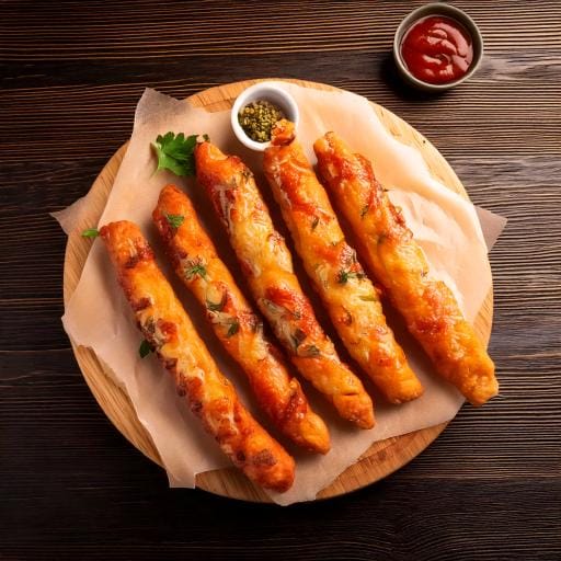 "Golden, cheesy homemade pizza sticks fresh out of the oven, served with marinara dipping sauce"