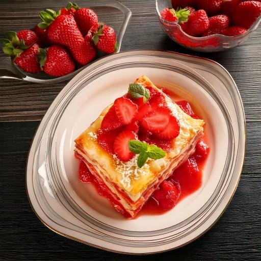 "Layered strawberry lasagna with fresh strawberries, cream cheese filling, and a graham cracker crust. A refreshing no-bake dessert."