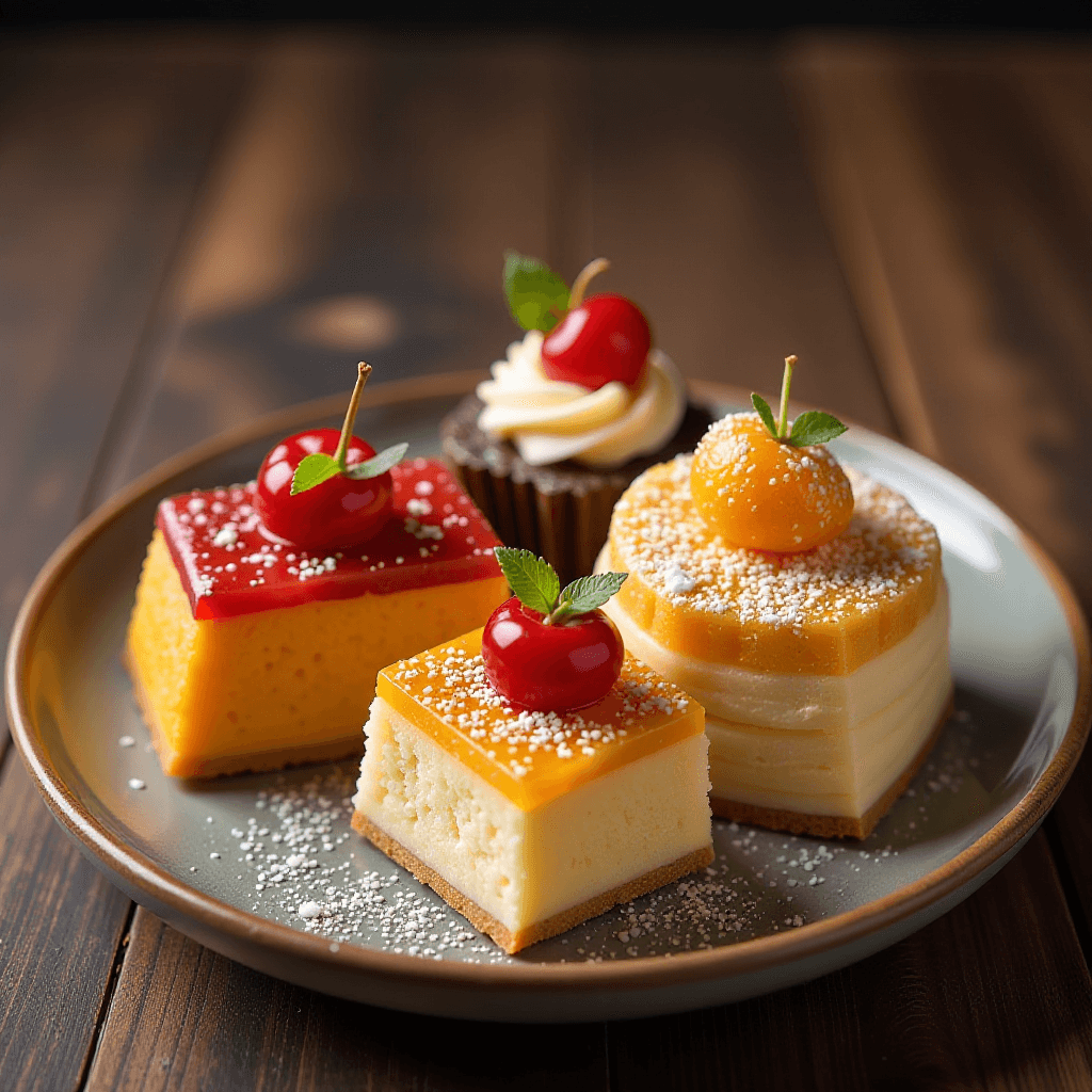 A colorful assortment of Asian desserts, including mochi, mango sticky rice, and matcha-flavored treats, served on decorative plates and bowls.