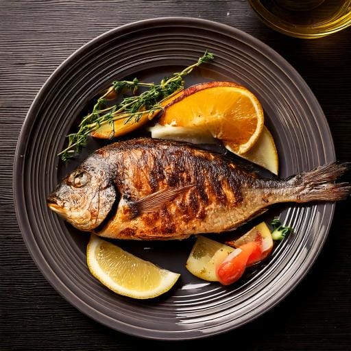 Grilled Dorado fish served with fresh vegetables and herbs