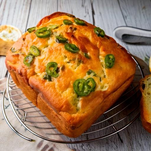 Freshly baked vegan jalapeño bread with a crispy golden crust and gooey dairy-free cheese inside.